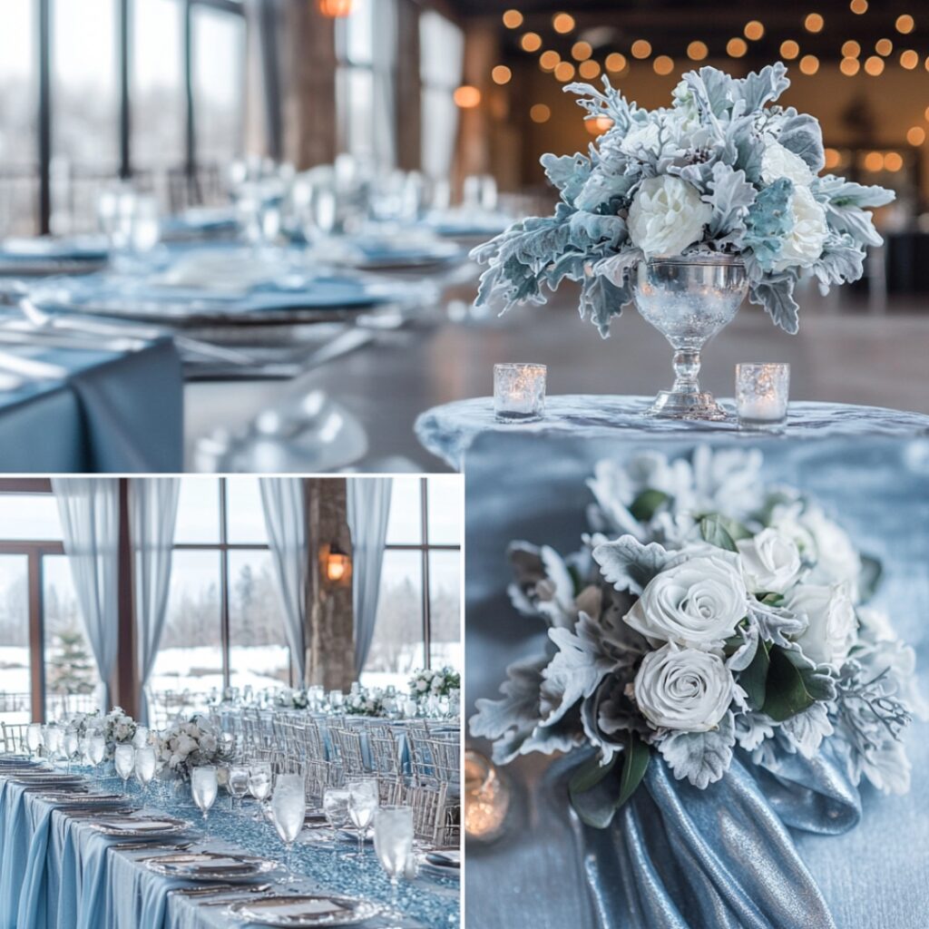 Elegant silver and ice blue wedding decor featuring shimmering table runners, frosty floral arrangements, and cool bridesmaid dresses for a wintery atmosphere.