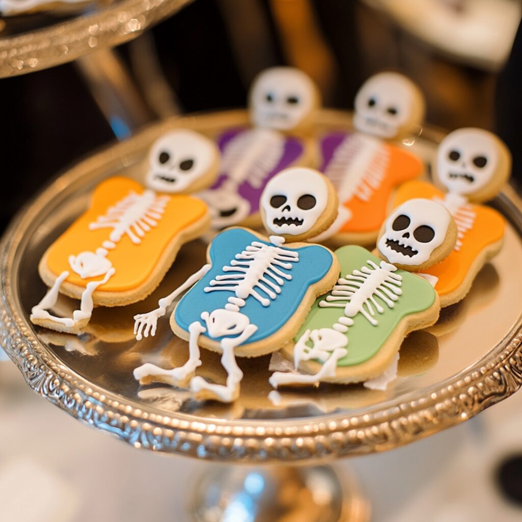 Fun skeleton sugar cookies decorated with colorful royal icing, shaped like skeletons and personalized for a creative touch, adding festive charm to a Halloween wedding dessert table.