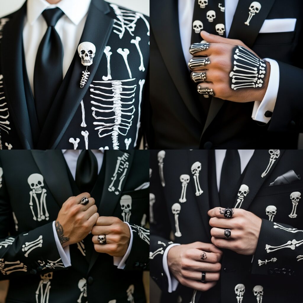 A groom wearing a black suit adorned with white skeleton bone prints, paired with a black tie and skeleton-themed cufflinks for a playful yet stylish Halloween look.