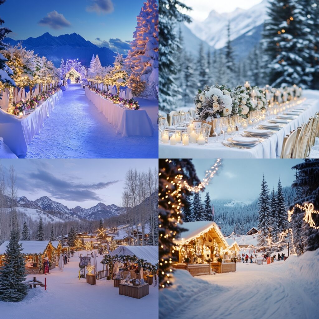 A snow-capped ski resort with festive holiday décor, offering a fun outdoor wedding with skiing and snowboarding activities for guests.