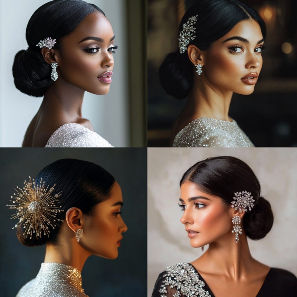 Bride showcasing a sleek low bun adorned with sparkling pins, wearing a jeweled comb, exuding elegance and sophistication for a festive New Year's wedding.