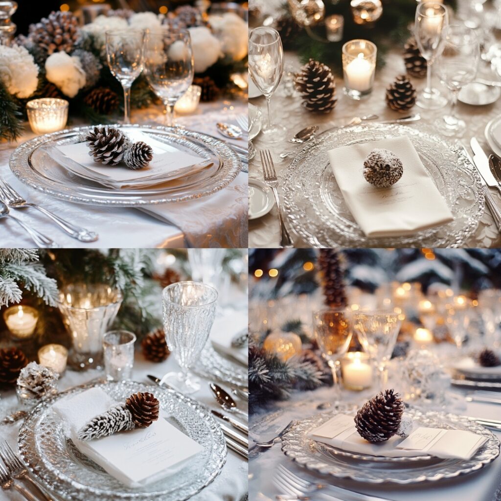 Snow-dusted table settings with frosted glass plates, silver flatware, white linens, and pinecones, creating a winter-inspired dining experience at a December wedding.