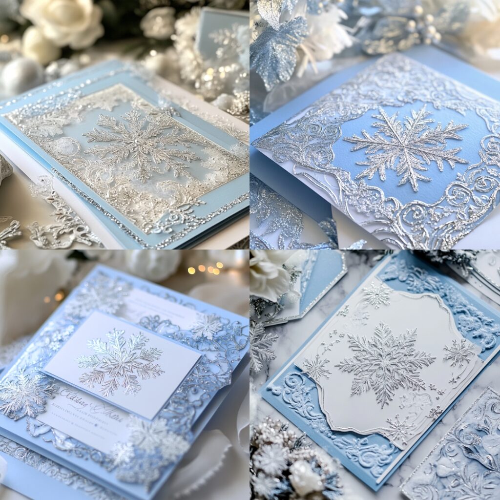 A snowflake-themed wedding invitation with delicate snowflakes, silver foil accents, and frosty blue and white tones, perfect for a formal winter celebration.