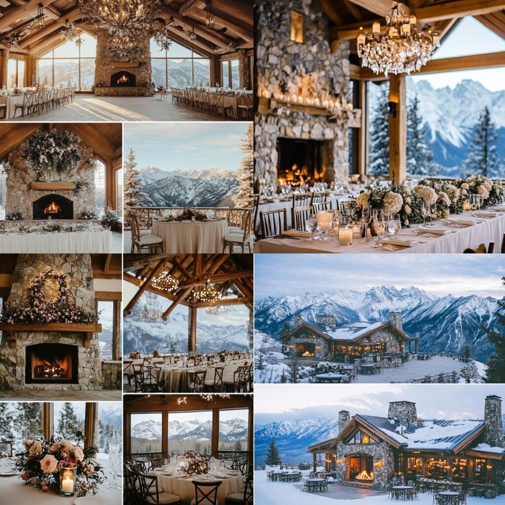 A snowy mountain lodge with a cozy fireplace and panoramic mountain views, creating a romantic winter wonderland wedding backdrop.