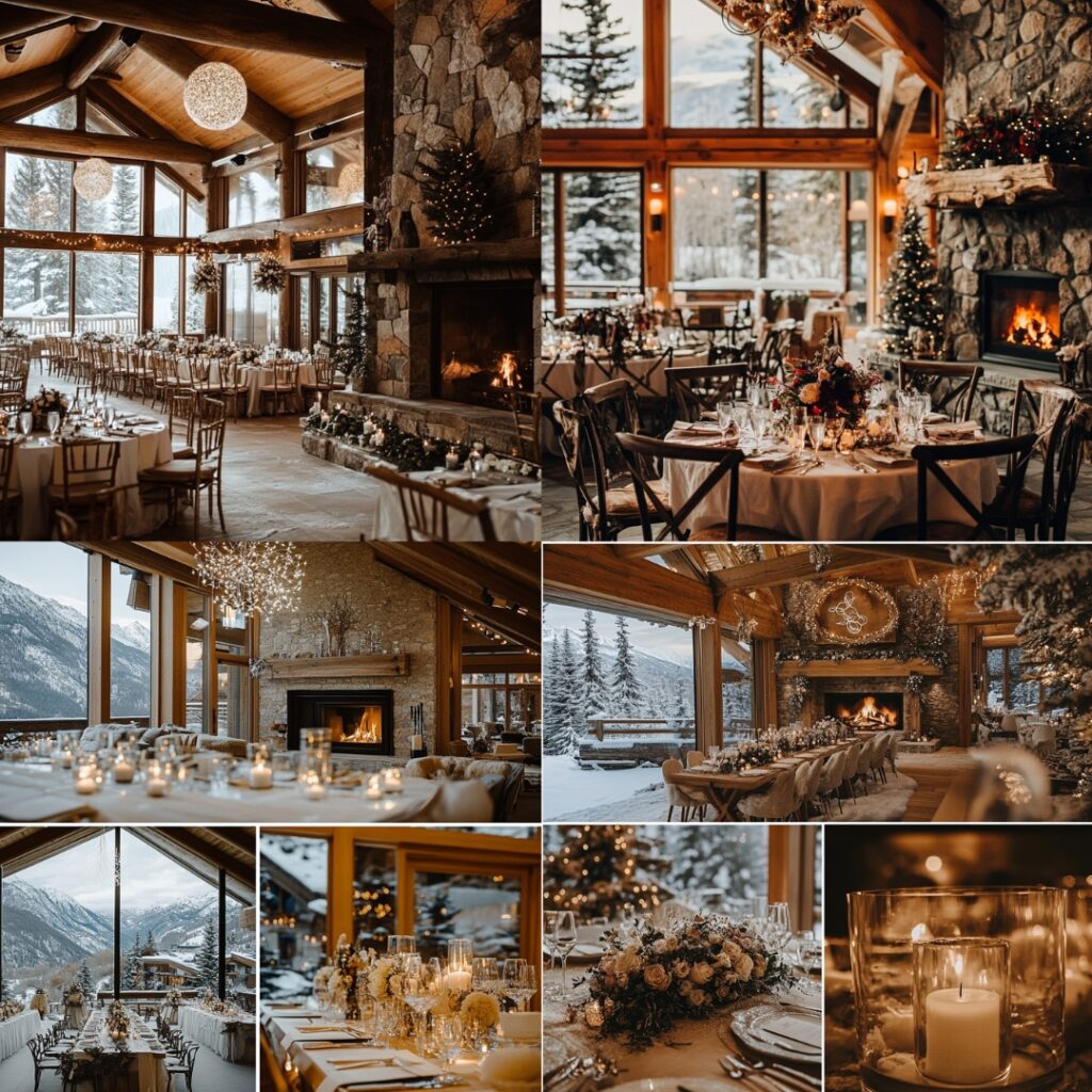 Ski chalet wedding venue with snowy mountain views, cozy interiors, and a fireplace, ideal for an adventurous and festive New Year's wedding celebration.