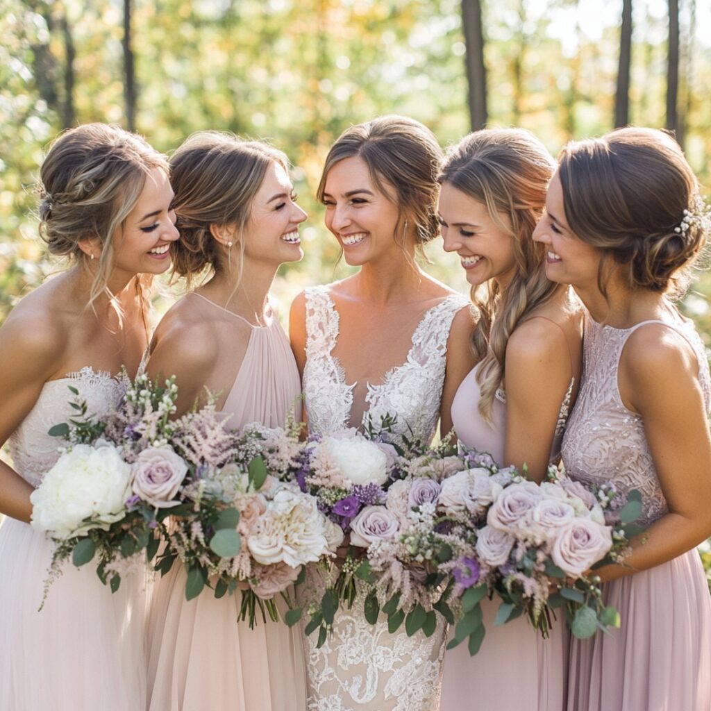 Bridesmaids in soft pastel dresses, like blush and lavender, adorned with lace details, styled with neutral accessories and soft florals for a whimsical fall wedding aesthetic.