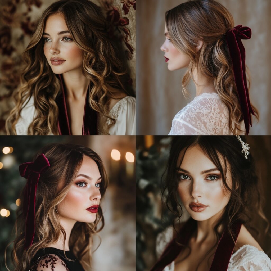 Bride with soft beachy waves adorned by a velvet ribbon, bringing understated elegance and festive charm with deep seasonal hues for a New Year's wedding.
