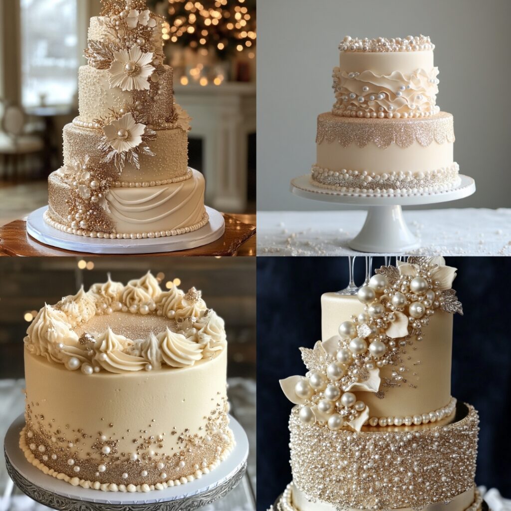 Elegant champagne-inspired wedding cake with metallic accents, edible glitter, and festive sugar pearls, perfect for a New Year's Eve celebration.