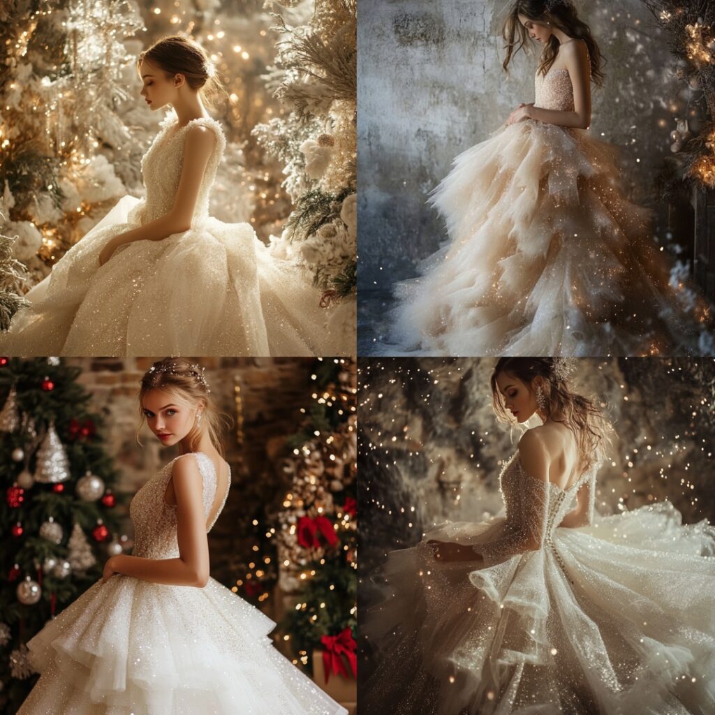 A whimsical sparkling tulle wedding gown with layers of soft tulle and subtle glitter, creating a magical fairy-tale look for a Christmas wedding.