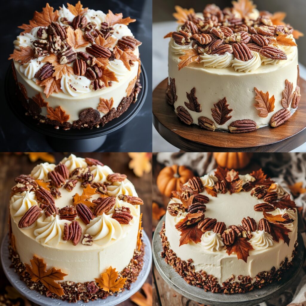 Image of a moist spiced pumpkin cake decorated with cream cheese icing, edible autumn leaves, and candied pecans, embodying the flavors of fall.