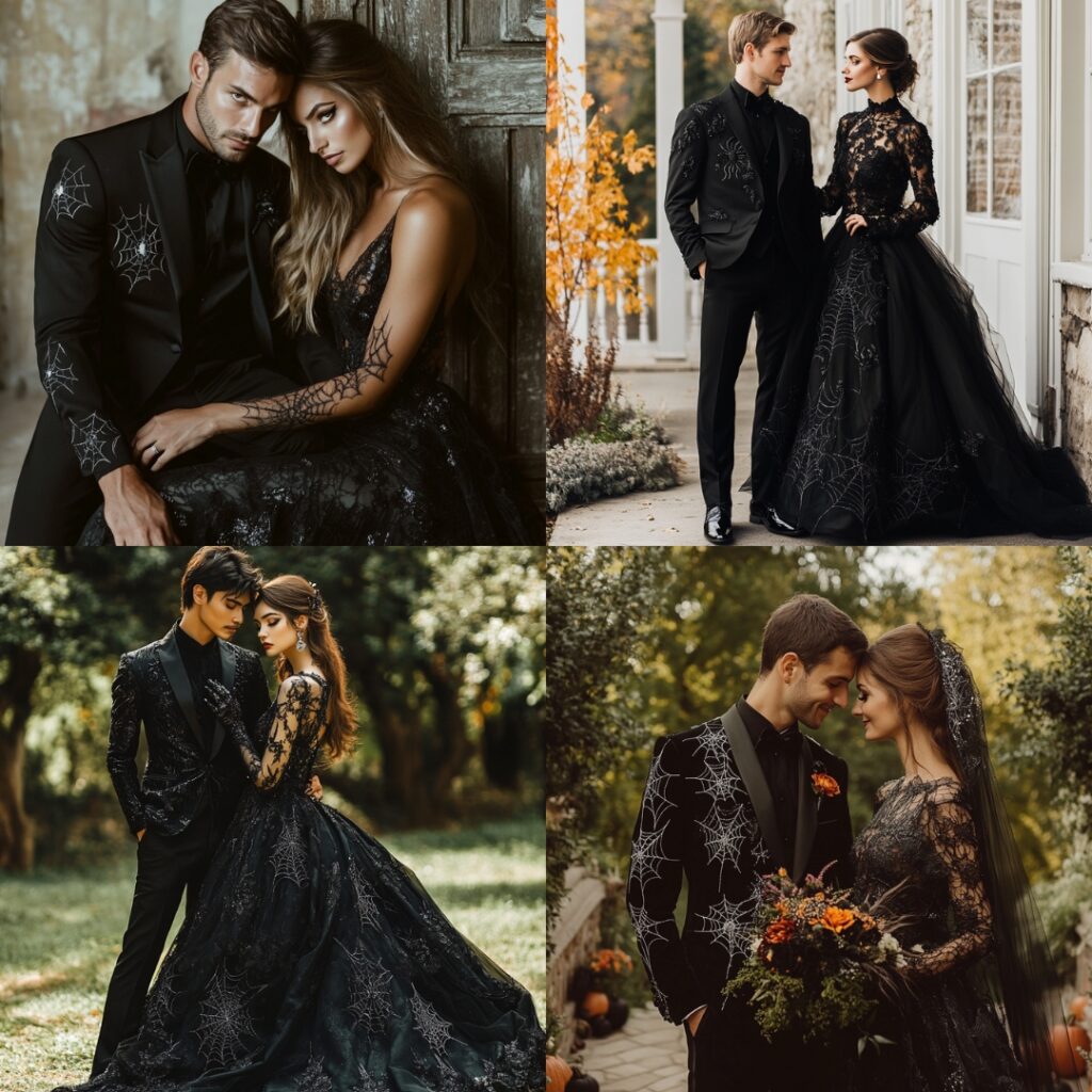 Couple dressed in elegant black attire for a Halloween wedding, featuring a black suit with spider web embroidery and a long black gown with lace detailing.