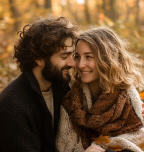 Couple enjoying a fall-themed engagement shoot, surrounded by autumn foliage and seasonal props, capturing the essence of love and creativity during spooky season.