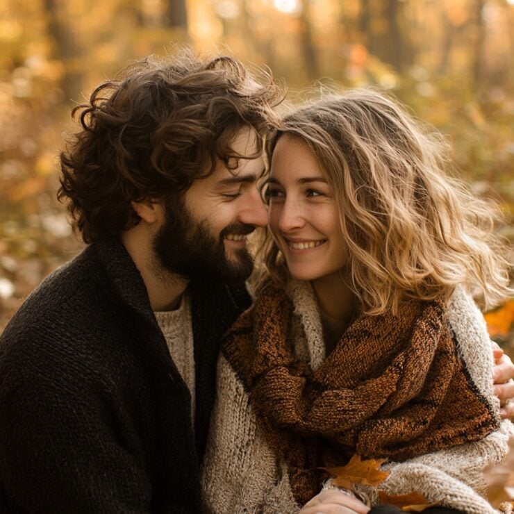 Couple enjoying a fall-themed engagement shoot, surrounded by autumn foliage and seasonal props, capturing the essence of love and creativity during spooky season.