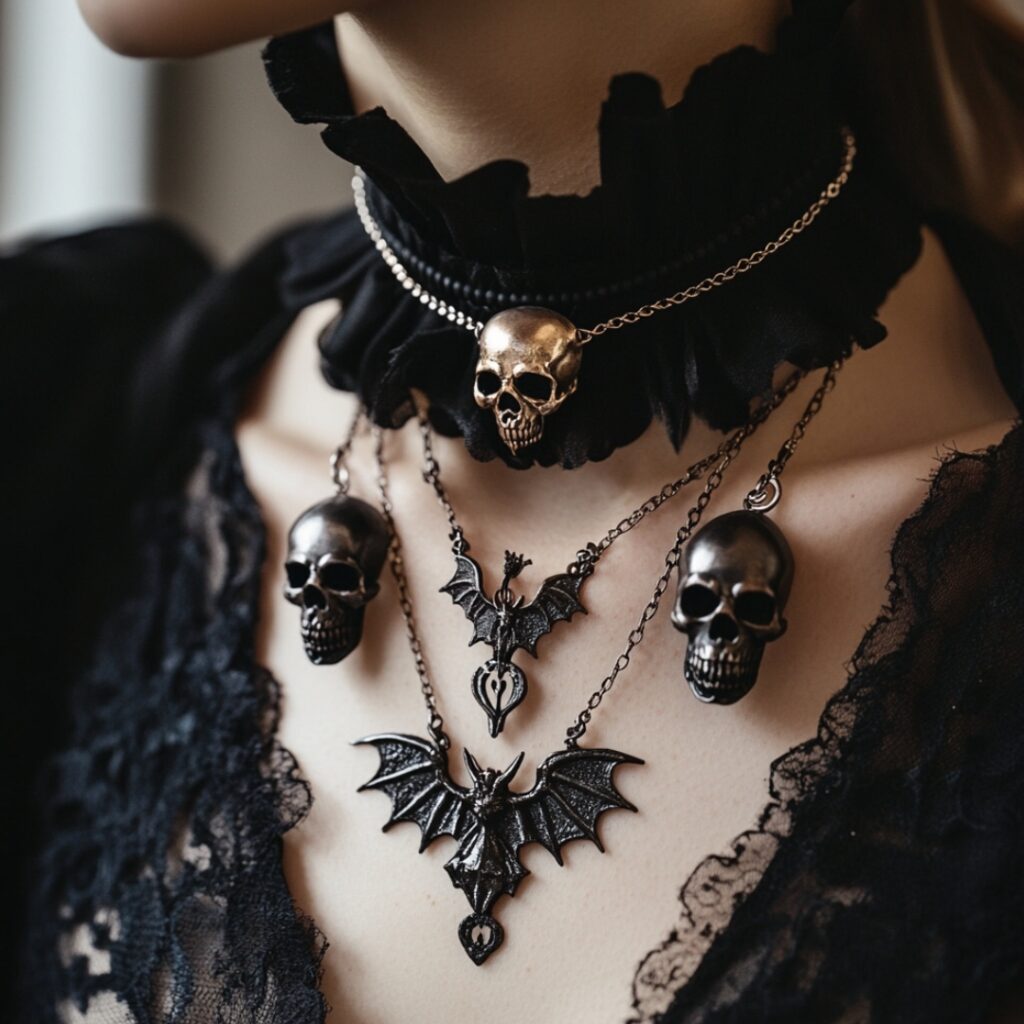 A collection of bold Halloween jewelry featuring skulls, bats, and gothic motifs, showcasing spooky statement pieces for a wedding outfit.