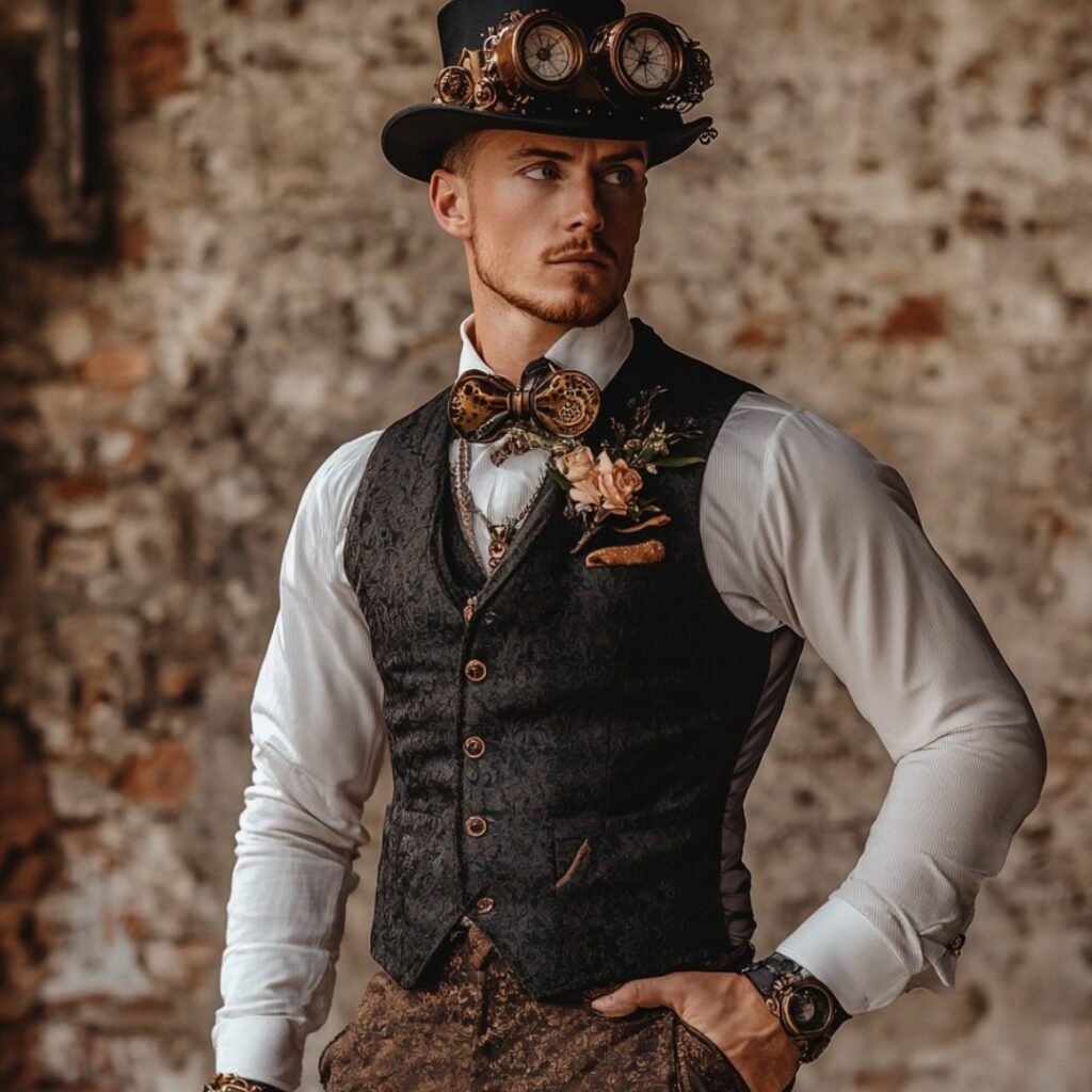 A groom in a steampunk outfit featuring a fitted vest, high-waisted trousers, top hat, goggles, and pocket watch, blending Victorian elegance with industrial flair.