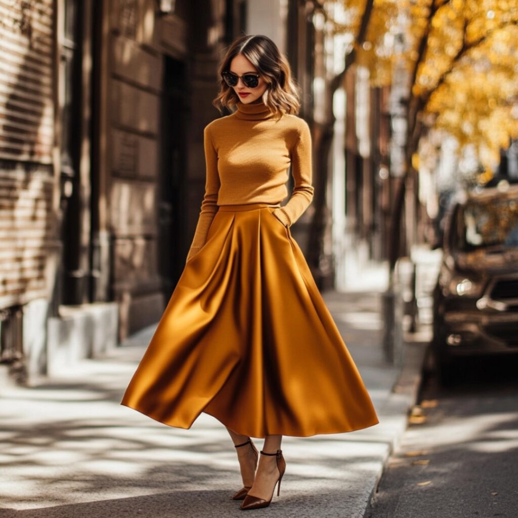A stylish midi skirt in a rich fabric, paired with a fitted turtleneck and heeled ankle boots, creating a sophisticated look for a Thanksgiving wedding.