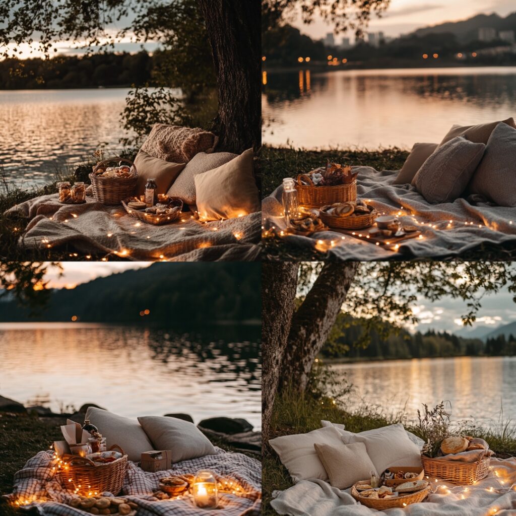 A romantic lakeside picnic setup at sunset, featuring a cozy blanket, soft pillows, a basket of snacks, and fairy lights, creating an intimate proposal atmosphere.