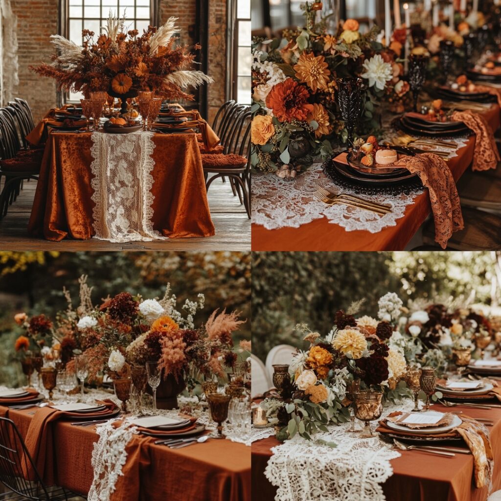 A Thanksgiving wedding table layered with a rich burnt orange tablecloth, contrasting lace runner, and textured napkins, adding depth and warmth to the inviting tablescape.