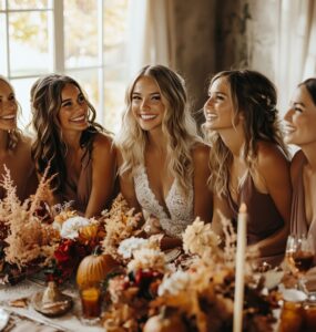 A festive Thanksgiving wedding scene featuring bridesmaids in coordinated outfits, celebrating love and gratitude with family and friends.
