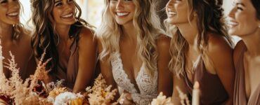 A festive Thanksgiving wedding scene featuring bridesmaids in coordinated outfits, celebrating love and gratitude with family and friends.