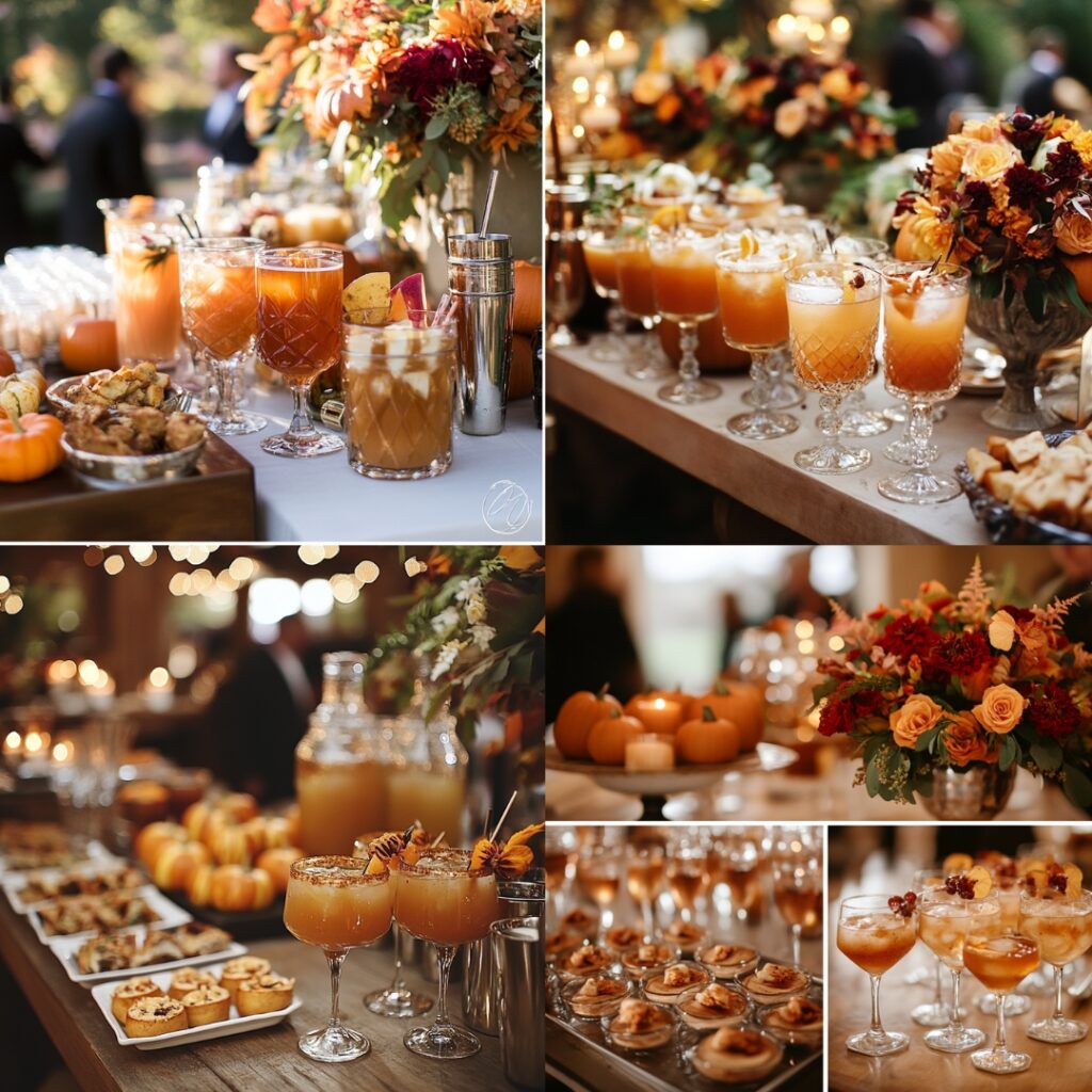 A festive cocktail hour at a Thanksgiving wedding reception with signature drinks like spiced cider and pumpkin cocktails, complemented by savory appetizers.