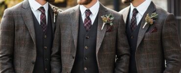Thanksgiving-themed groomsmen attire blending sophistication with comfort, featuring styles like classic suits, casual vests, and tartan kilts for a memorable wedding.