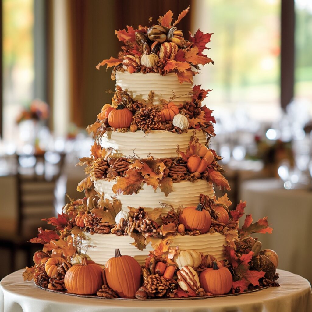 A stunning Thanksgiving-themed wedding cake adorned with autumnal decorations, featuring flavors like pumpkin spice and pecan, set as a reception centerpiece.