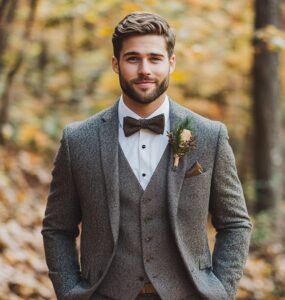 An elegant collection of Thanksgiving wedding groom attire options showcasing a variety of styles from classic tuxedos to casual ensembles, emphasizing seasonal colors and textures.