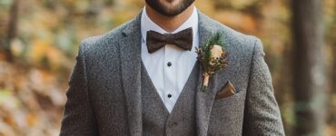 An elegant collection of Thanksgiving wedding groom attire options showcasing a variety of styles from classic tuxedos to casual ensembles, emphasizing seasonal colors and textures.