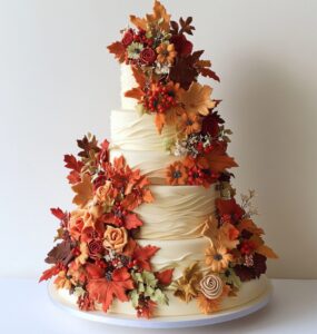 A beautifully arranged selection of Thanksgiving wedding cakes showcasing seasonal flavors and festive decorations, perfect for celebrating love and the autumn season.
