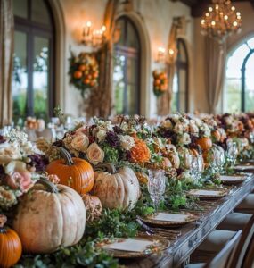 A beautiful array of Thanksgiving-themed centerpieces, highlighting rustic pumpkins, elegant flowers, and festive elements, creating a warm and inviting wedding atmosphere.