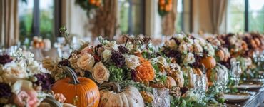A beautiful array of Thanksgiving-themed centerpieces, highlighting rustic pumpkins, elegant flowers, and festive elements, creating a warm and inviting wedding atmosphere.