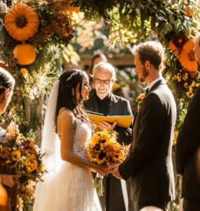 A beautiful Thanksgiving wedding ceremony incorporating seasonal elements, autumn decor, and heartfelt vows, creating a warm and joyful celebration of love.