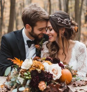 A cozy Thanksgiving wedding celebration showcasing various color palettes, reflecting autumn's beauty and warmth, creating cherished memories with loved ones.