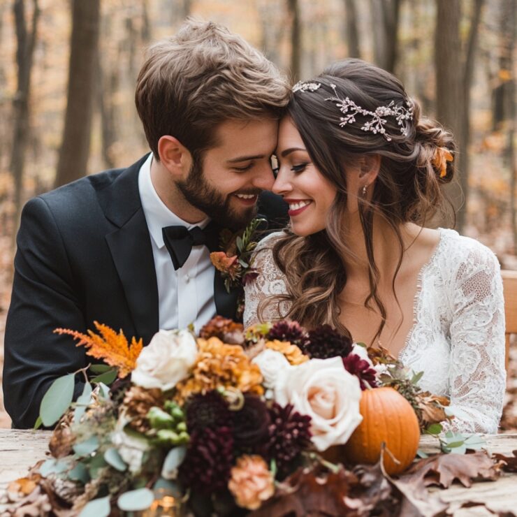 A cozy Thanksgiving wedding celebration showcasing various color palettes, reflecting autumn's beauty and warmth, creating cherished memories with loved ones.