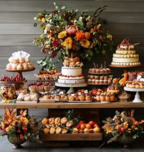 A beautifully arranged Thanksgiving wedding dessert table featuring seasonal treats that evoke warmth and nostalgia, perfect for creating lasting memories.