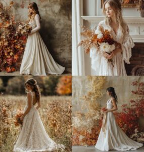 A beautifully curated selection of wedding dresses for Thanksgiving, highlighting unique styles that embody the season's warmth and love.