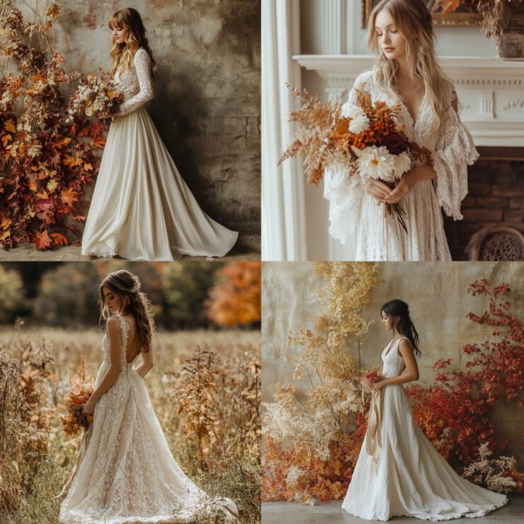 A beautifully curated selection of wedding dresses for Thanksgiving, highlighting unique styles that embody the season's warmth and love.