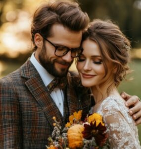 Stylish couple embracing fall fashion at a Thanksgiving wedding, showcasing their thoughtful attire choices that reflect seasonal themes and personalities.
