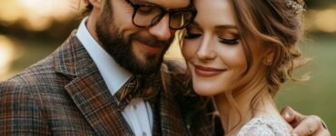 Stylish couple embracing fall fashion at a Thanksgiving wedding, showcasing their thoughtful attire choices that reflect seasonal themes and personalities.