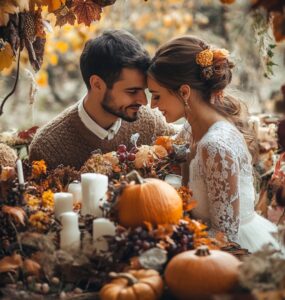 A couple surrounded by warm autumn decorations and family, celebrating their Thanksgiving wedding, capturing the essence of love and togetherness.