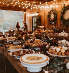 A cozy Thanksgiving wedding reception filled with warm decor, seasonal dishes, and joyful interactions, beautifully blending love and gratitude in celebration.