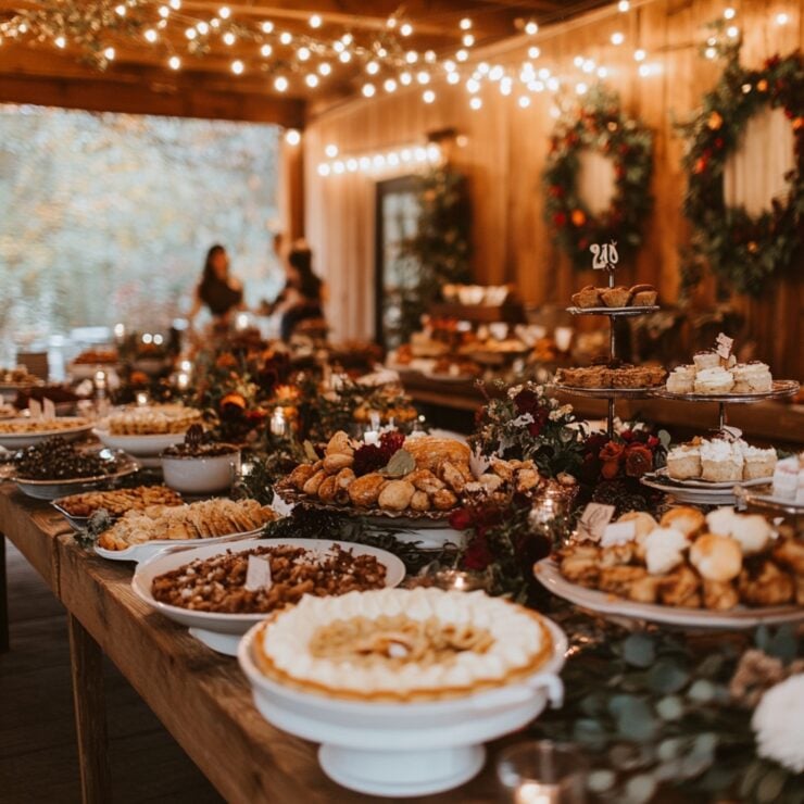 A cozy Thanksgiving wedding reception filled with warm decor, seasonal dishes, and joyful interactions, beautifully blending love and gratitude in celebration.