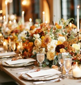 An inviting Thanksgiving wedding table decorated with seasonal flowers, warm candlelight, and personalized touches, creating a heartfelt atmosphere of love and gratitude.