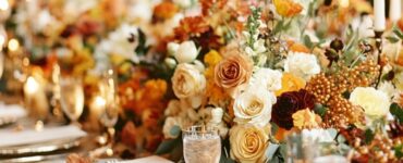 An inviting Thanksgiving wedding table decorated with seasonal flowers, warm candlelight, and personalized touches, creating a heartfelt atmosphere of love and gratitude.