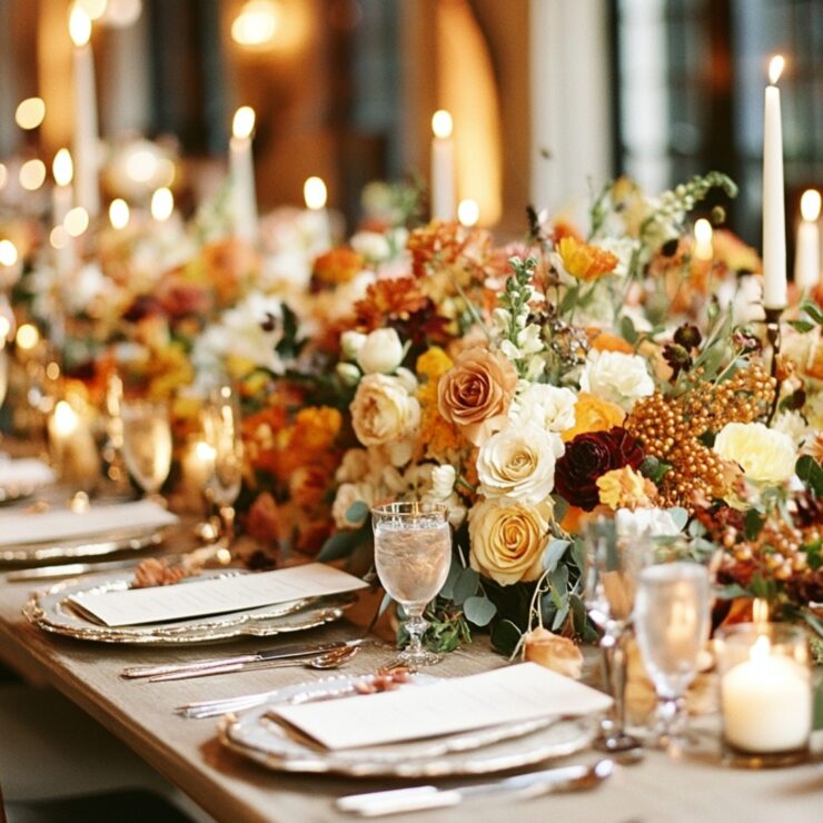 An inviting Thanksgiving wedding table decorated with seasonal flowers, warm candlelight, and personalized touches, creating a heartfelt atmosphere of love and gratitude.