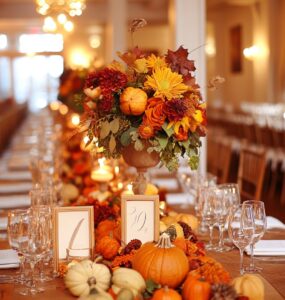 Thanksgiving wedding décor that celebrates love and gratitude with autumnal centerpieces, warm lighting, and charming accents, creating a memorable and inviting atmosphere.