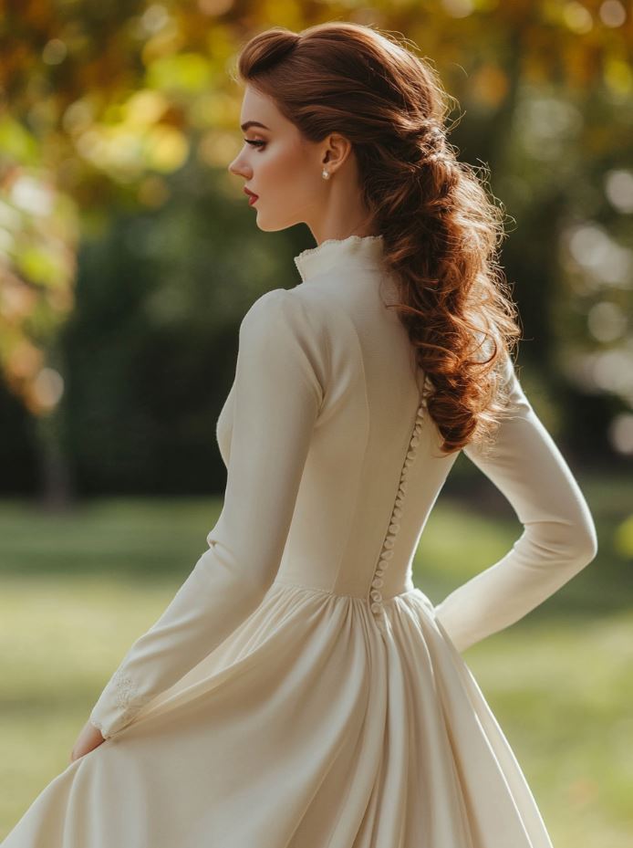 Elegant 1940s-inspired wedding dress with tea-length skirts, soft satin fabrics, and a clean, polished silhouette, reflecting the understated glamour of wartime fashion.