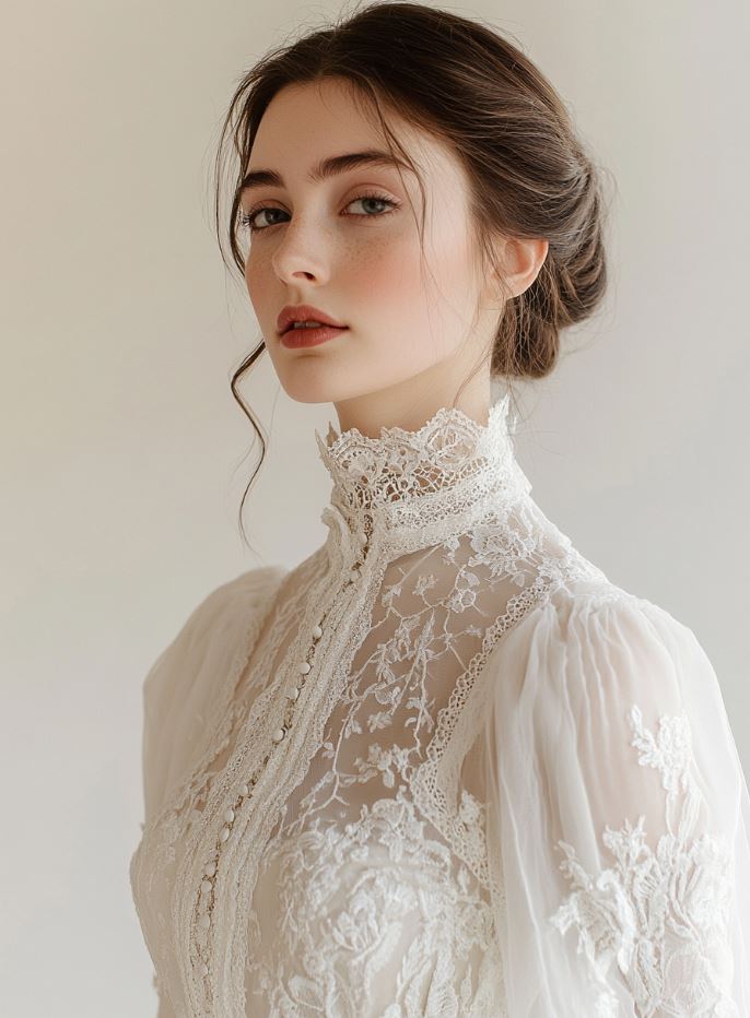 Elegant Edwardian wedding dress featuring intricate lace details and high collars, embodying the refined and delicate fashion of the early 20th century.