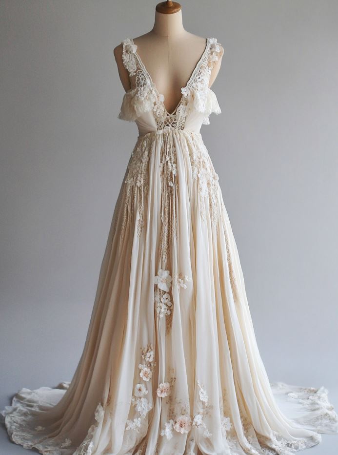 Whimsical retro bohemian wedding dress with flowing fabrics, lace details, and floral patterns, ideal for a relaxed, rustic, or outdoor vintage-inspired wedding.